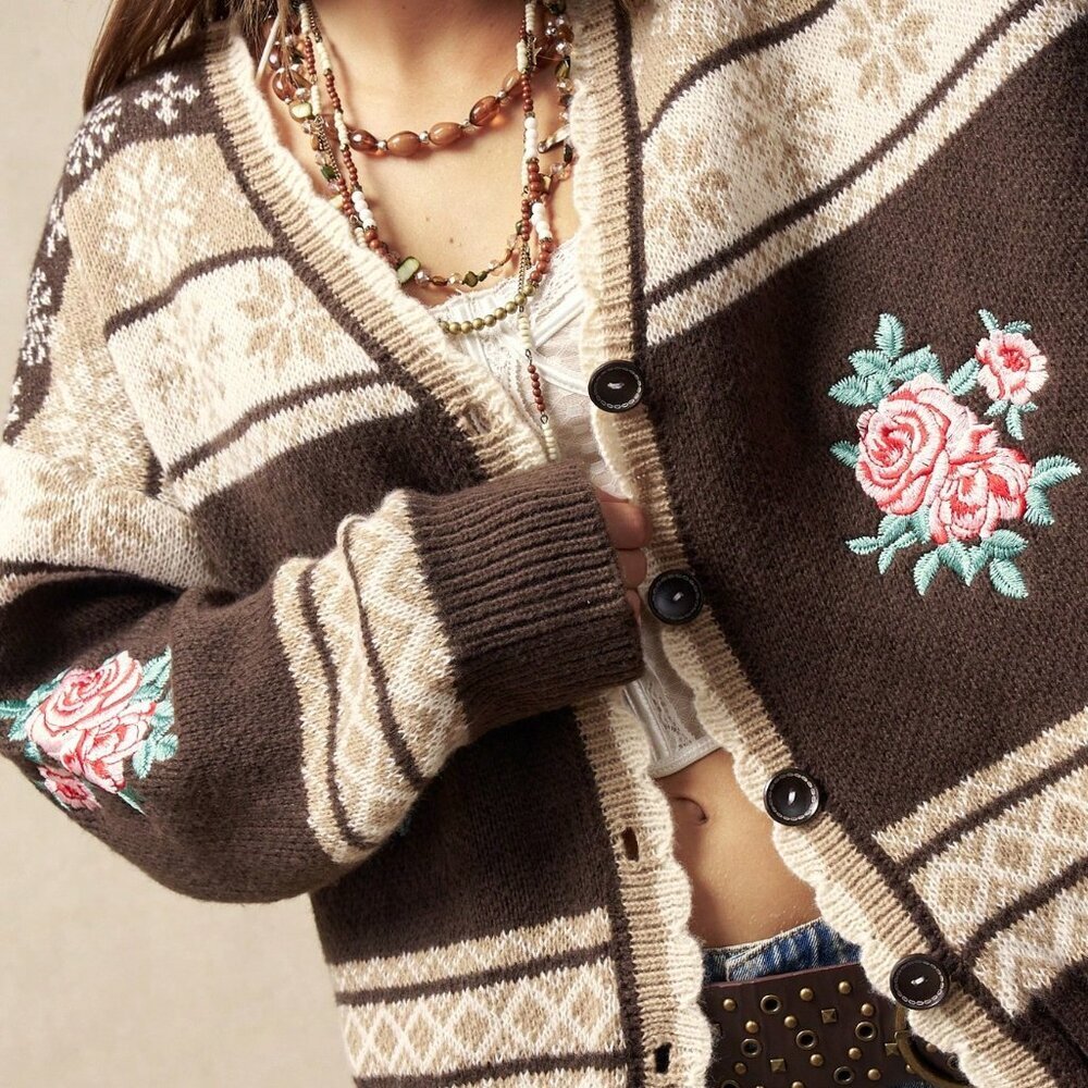 Mocha Brown Boho Women's Floral Embroidered Knit Jacquard Sweater Cardigan - Picture 3 of 8